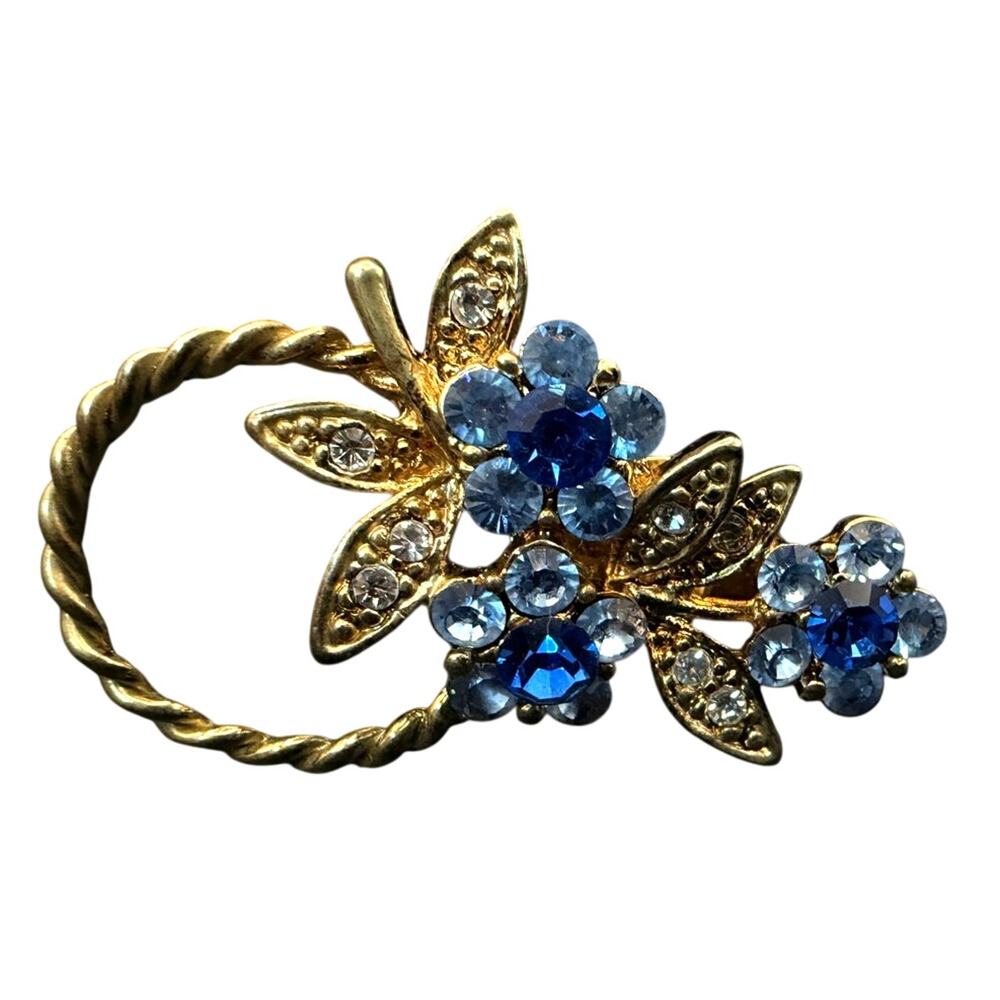 Vintage Blue and Clear Crystal Floral Gold-tone Brooch Pin